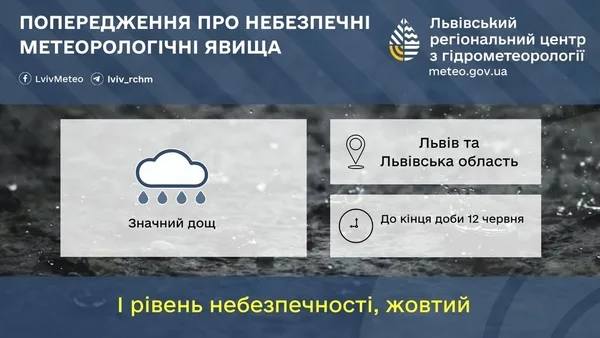 На Львівщині до кінця доби 12 червня очікують значний дощ