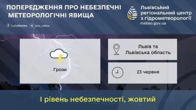 На 23 червня на Львівщині та у Львові прогнозують грози