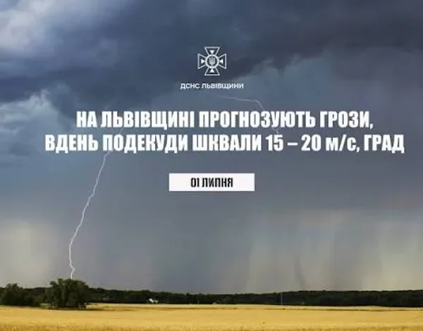 01 липня на Львівщині прогнозують грози, шквали та град