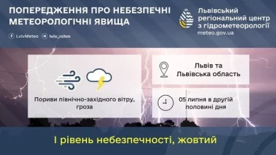 Львівщина: попередження про грози та шквальний вітер 5–6 липня