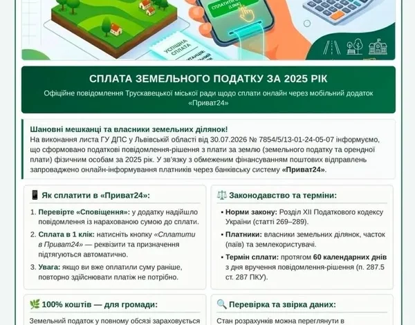 Власники землі у Трускавецькій громаді можуть сплатити податок через «Приват24»