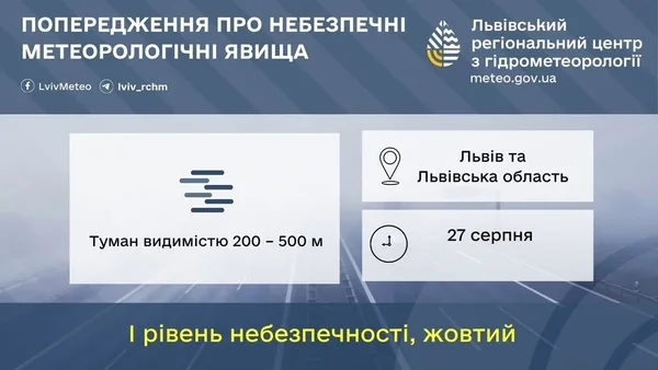 На Львівщині попереджають про туман 27 серпня