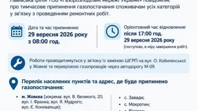 29 вересня у Жовкві та навколишніх селах тимчасово припинять газопостачання
