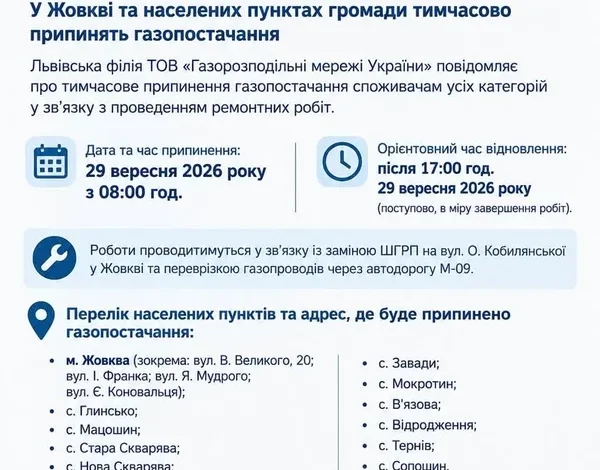 29 вересня у Жовкві та навколишніх селах тимчасово припинять газопостачання