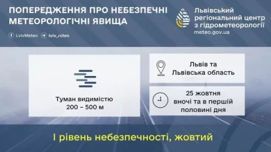 На Львівщині 25 жовтня очікують туман із жовтим рівнем небезпеки